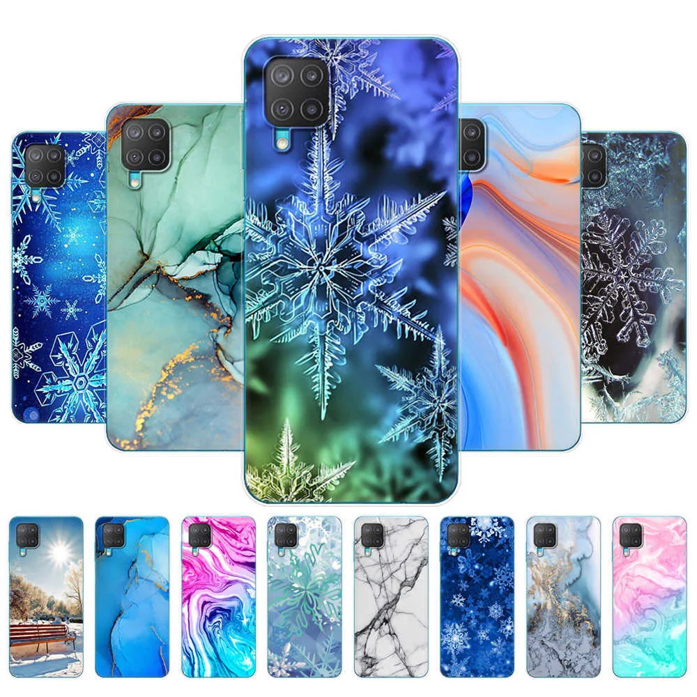 Voor Samsung M12 Case 6.5 Inch Back Phone Cover Galaxy M127 Soft Silicon Coque Marmer Sneeuw Vlok Winter Kerst