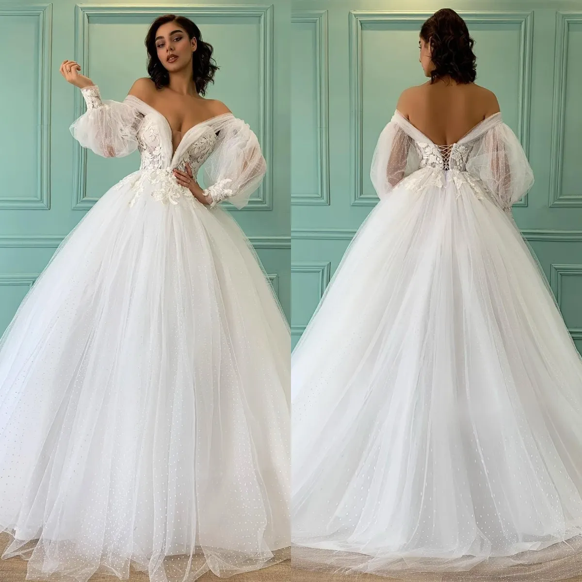 Romantic A Line Wedding Dresses Off Shoulder Long Sleeves Lace Appliques Wedding Dress Lace Up Back Long designer bridal gowns sweep train