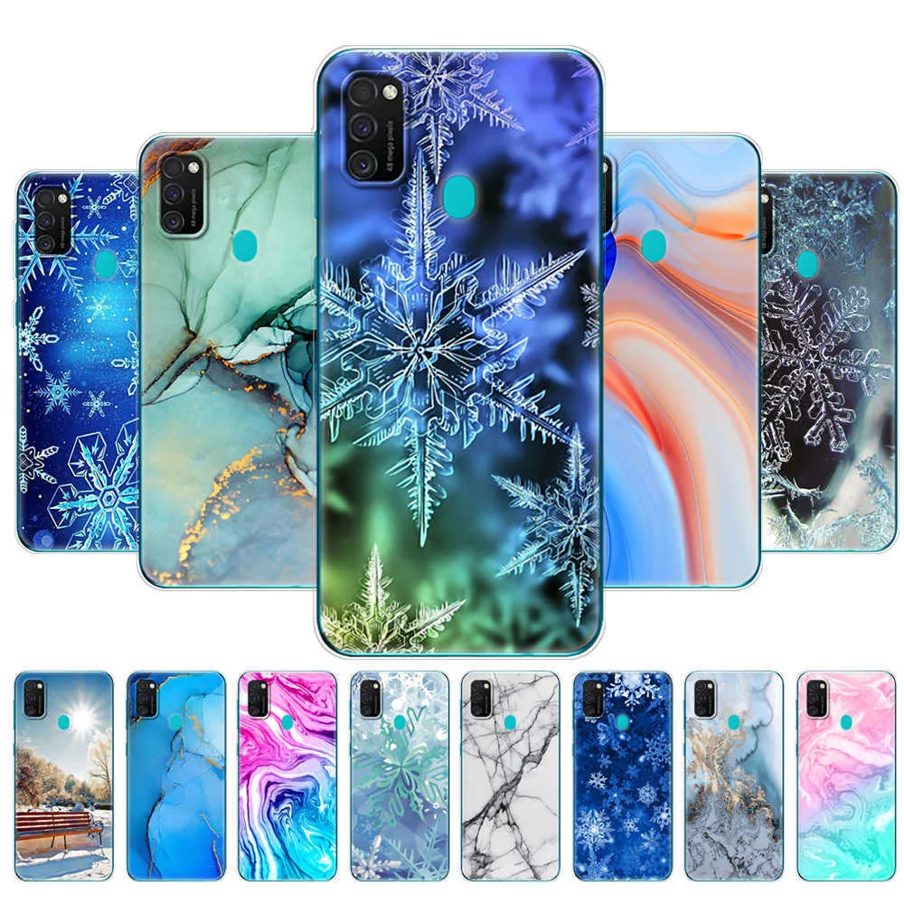 För Samsung M21 Case 6.4 "Soft Silicon TPU Cover Galaxy SM-M215Fzguser M215 Marble Snow Flake Winter Christmas