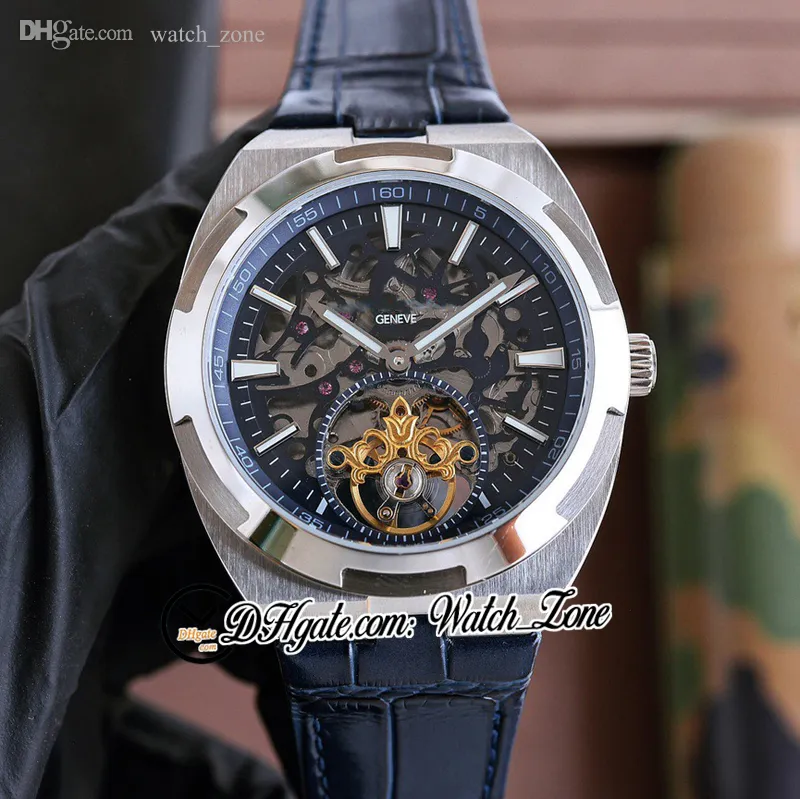 Nieuwe Overseas Tourbillon 6000V/110T-B935 Skeleton Dial Automatic Mens Watch 6000V Stick Markers Steel Case Blue Leather Strap Gents Watches WatchZone E178a1