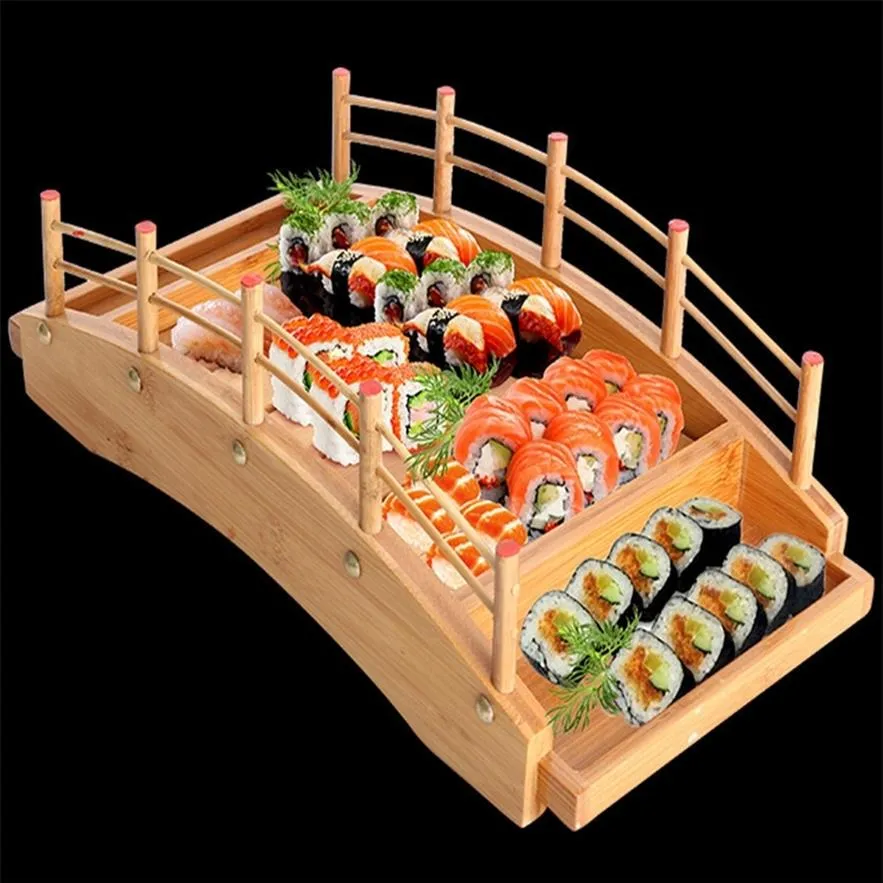 Bois japonais en bois Cuisine Sushi Pont Bateaux Pin Creative Sushi Sashimi plaque Plateau Sushi Vaisselle Décoration Ornement T200313a