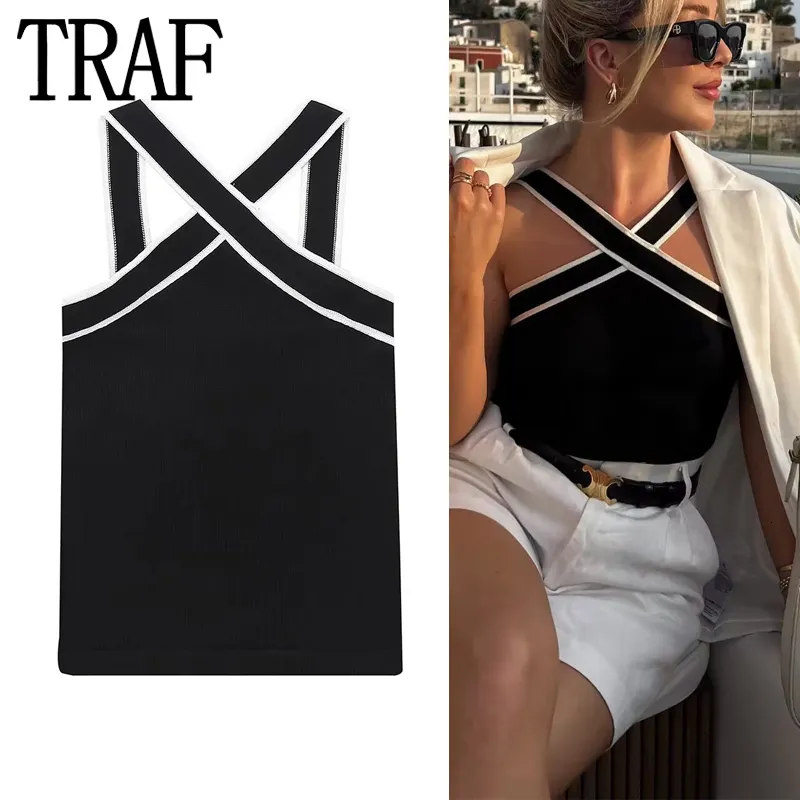 Kvinntankar Camis Traf 2023 Black Knit Tank Top Kvinna utanför axelskördet för kvinnor Backless ärmlös kvinna Streetwear Sexig Summer 230715