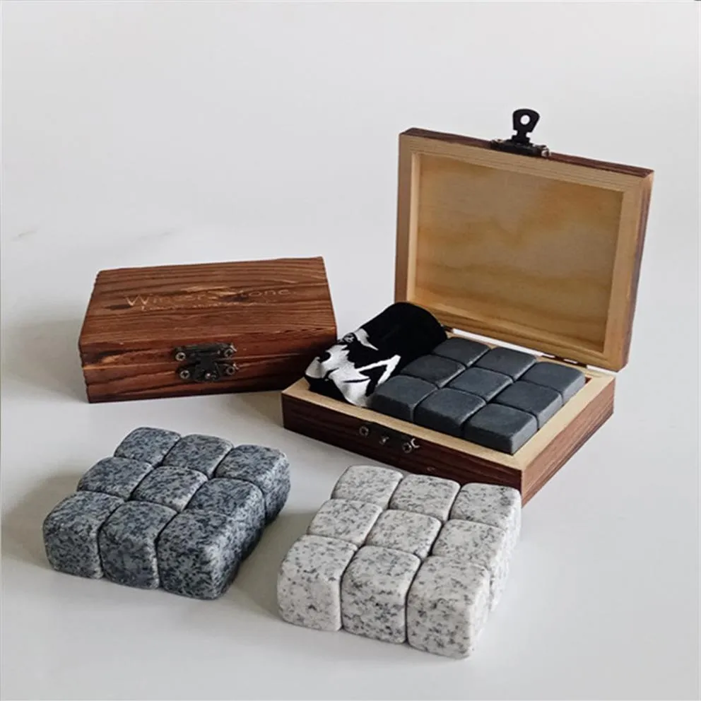 9 datorer Whisky Stones Ice Cubes Coolers Reanvändbara Rocks Beverage Chilling för Scotch och Bourbon Drinking Gift Set248i