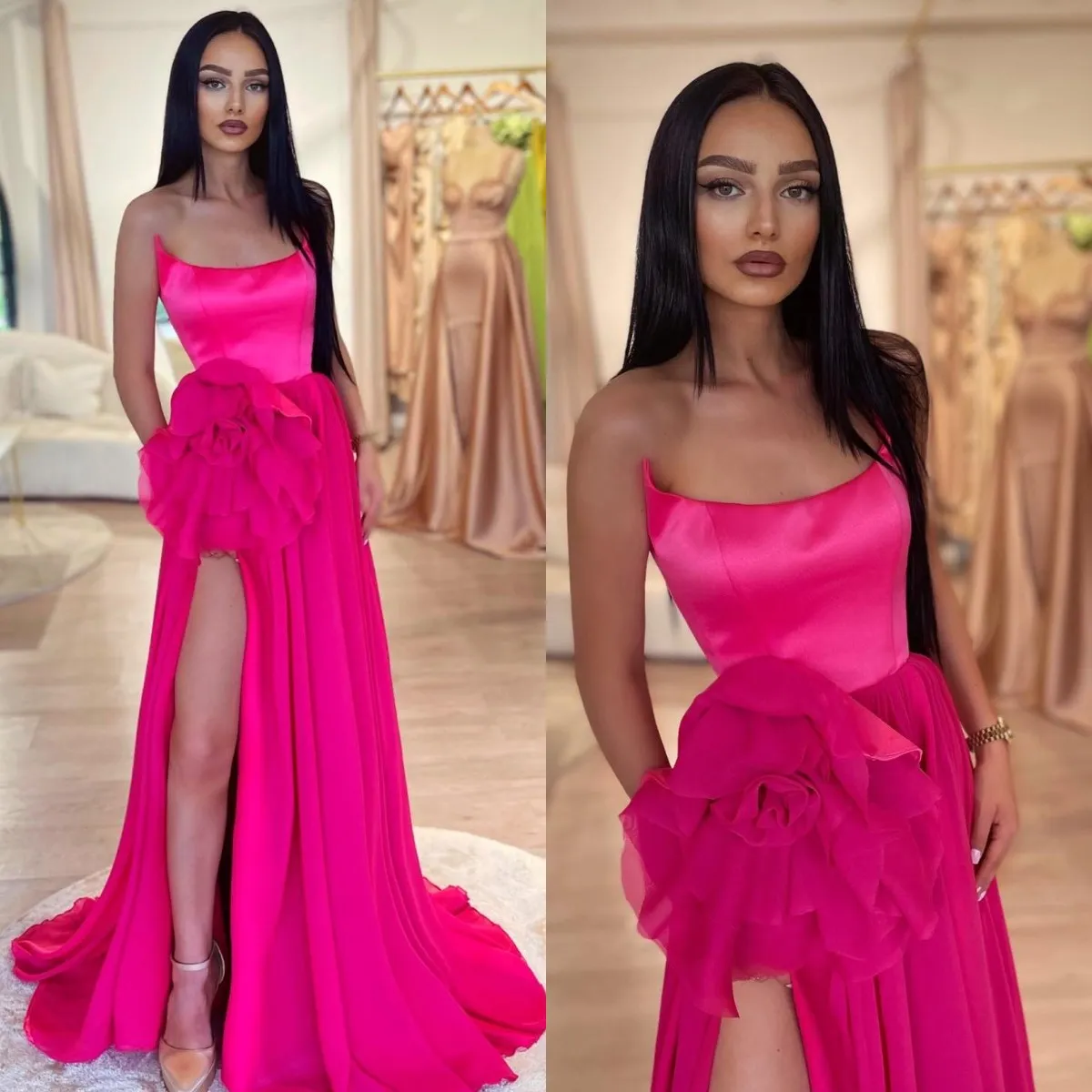 エレガントなラインラインバラ色のピンクのプロムドレスストラップレスフラワーウエストイブニングドレス