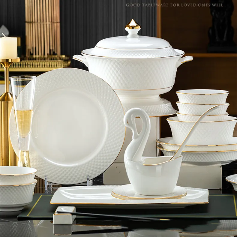 Conjunto de pratos de jantar de porcelana branca com borda de ouro em relevo, porcelana fina, conjuntos de talheres de luxo