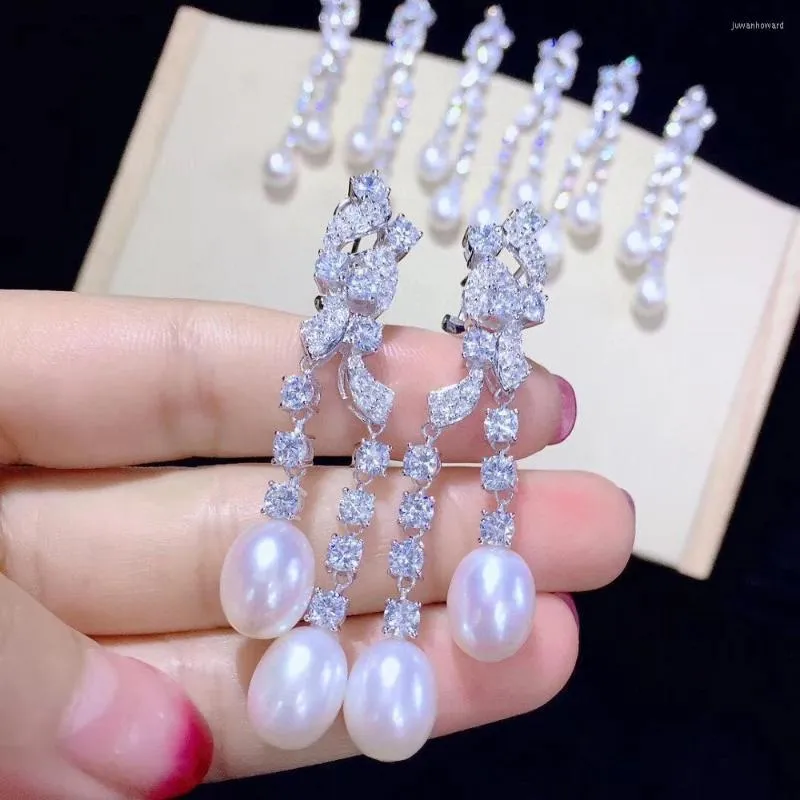 Dangle Earrings Natural Fresh Water Pearl Drop Earring 925 Sterling Silver With Cubic Zircon Double Layers Long Fine Women Jewelry