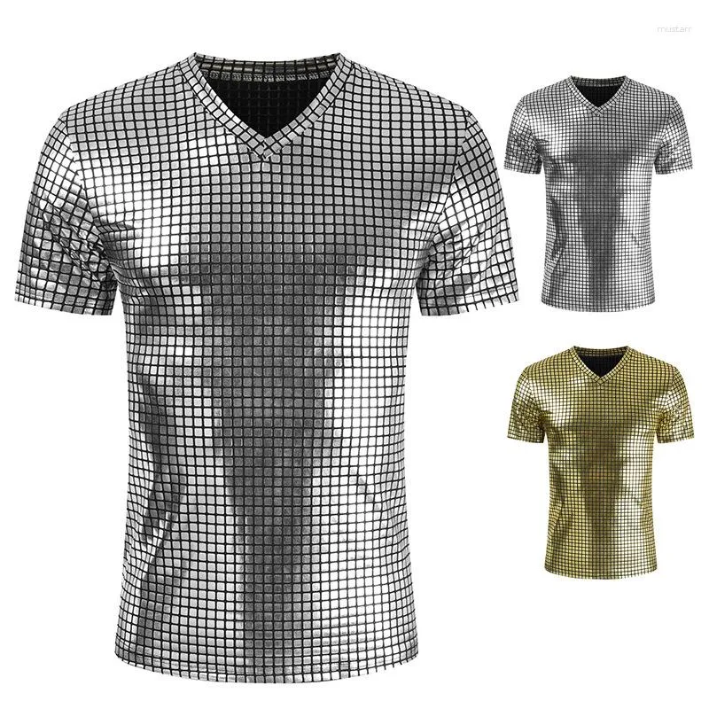 Camisetas Masculinas 2023 Summer Nightclub Stage Outfit Diamond Sequins Slim Manga Curta Decote em V Brilhante Camiseta Masculina