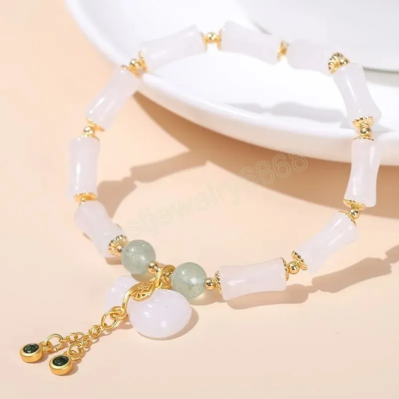 Naturel Blanc Jade Bambou Forme Sac Chanceux Chaîne Bracelet Femmes Style Chinois Fu Caractère Gland Pendentif Brin Bracelets Cadeau