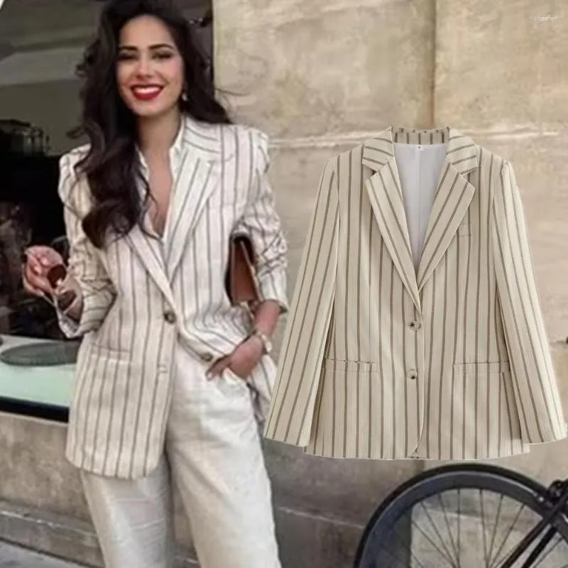 Trajes de mujer marchitos 2023 moda señoras Retro Beige Blazers Ins Blogger rayas Casual traje chaqueta