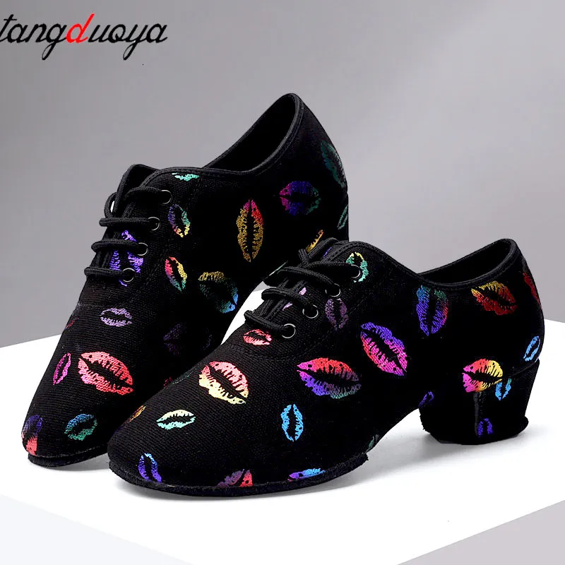 Dance Shoes High Heel Dance Shoes Sneakers Women Ballroom Latin Dance Shoes Woman Black nära Toe Dancing Shoes for Women Lip Print 230715