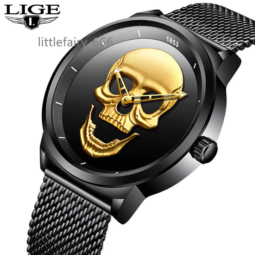 LIGE Nuovi orologi da uomo Top Brand Casual Fashion 3D Skull Quartz Mesh Belt Impermeabile per uomo donna