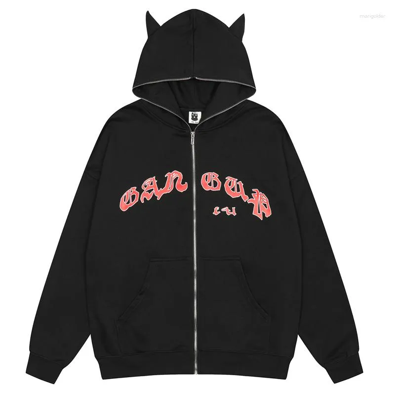 Men's Hoodies 2023 Men Hoodie Devil Horn Letter Printed Zip Up Hooded Sweatshirt Jacket Harajuku Vintage Streetwear Loose Halloween