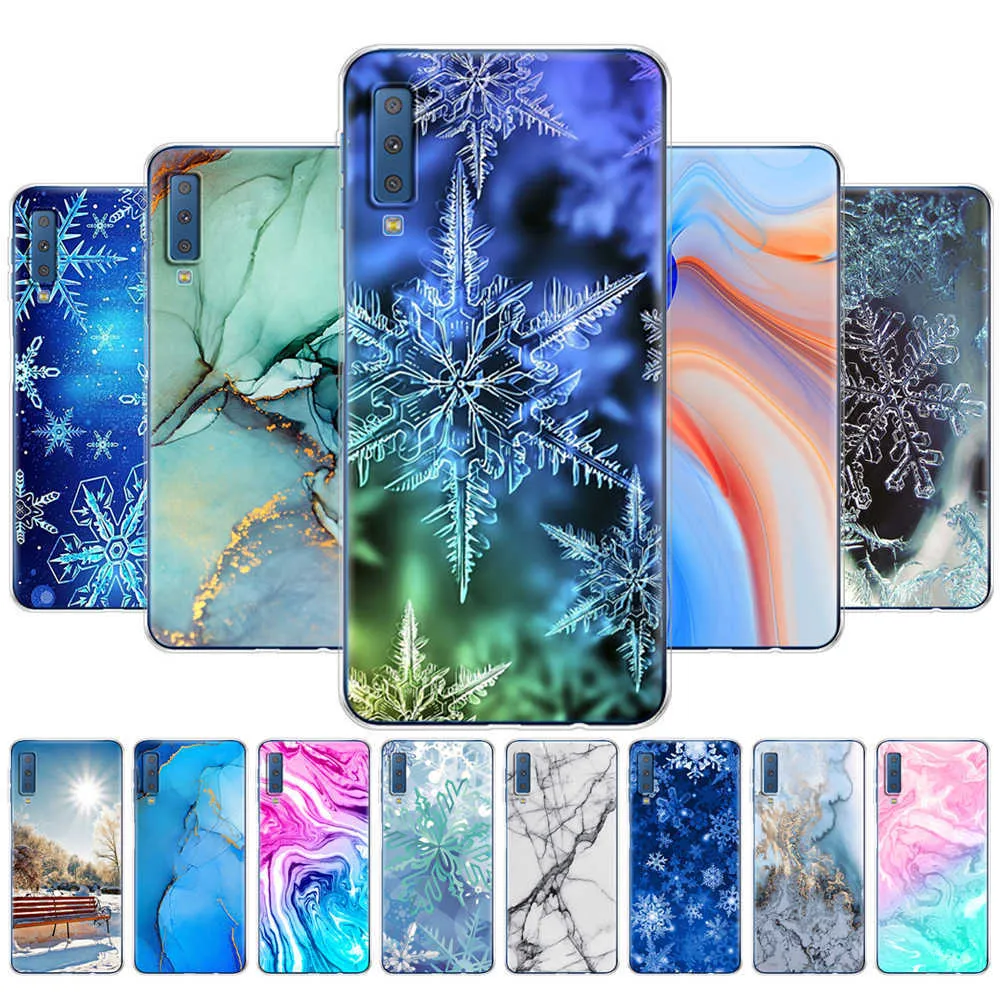 Pour Samsung Galaxy A7 2018 Coque Silicone Couverture Souple A750 A750F 6.0 Pouces Marbre Flocon De Neige Hiver Noël