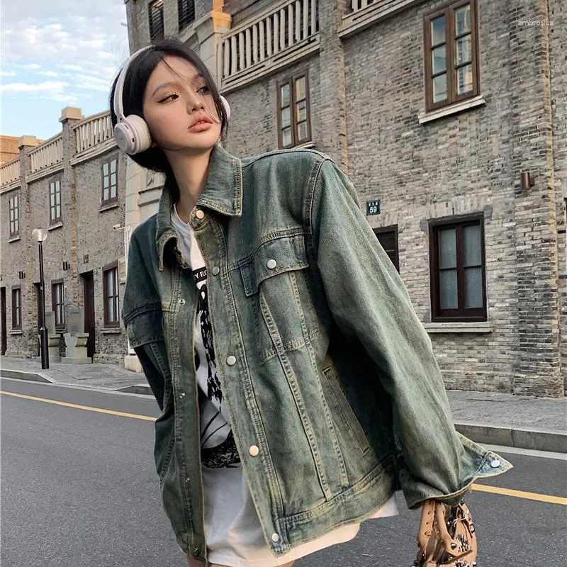 Kvinnans jackor 2023 Spring and Summer Cowboy Coat Woman Retro Washing Water Loose Type Shoulder Pad Lovers Jacket