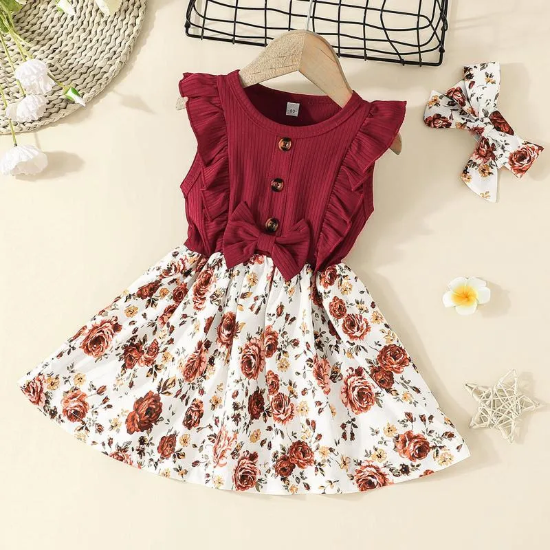 Abiti da ragazza 1-5Y Toddler Girls a costine Bowknot senza maniche Summer Kids Ruffles Floral Printed Princess Dress Set di fasce per capelli