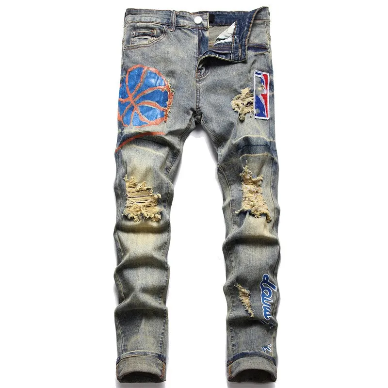 Jeans firmati da uomo Jeans strappati strappati da motociclista da motociclista slim fit Denim per uomo Pantaloni hip-hop con stampa di lettere da uomo