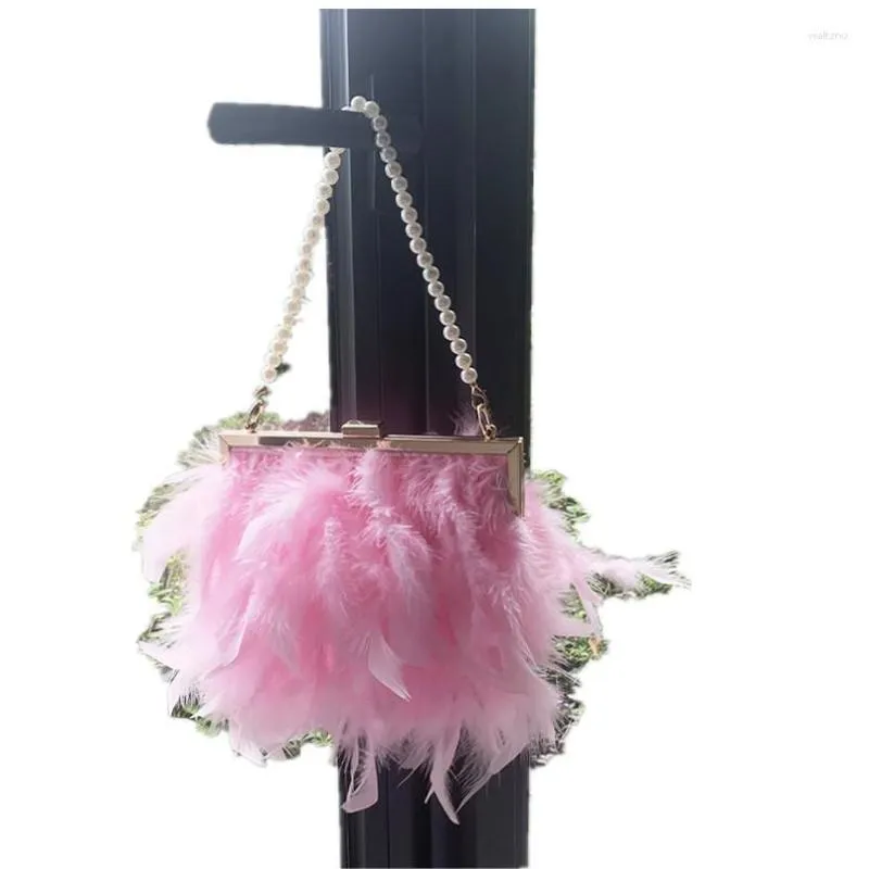 Duffel Bags Design Natural Ostrich Feather Clutch Tote Wedding Fashion Pearl HandBag Party Evening Shoulder Crossbody Bag