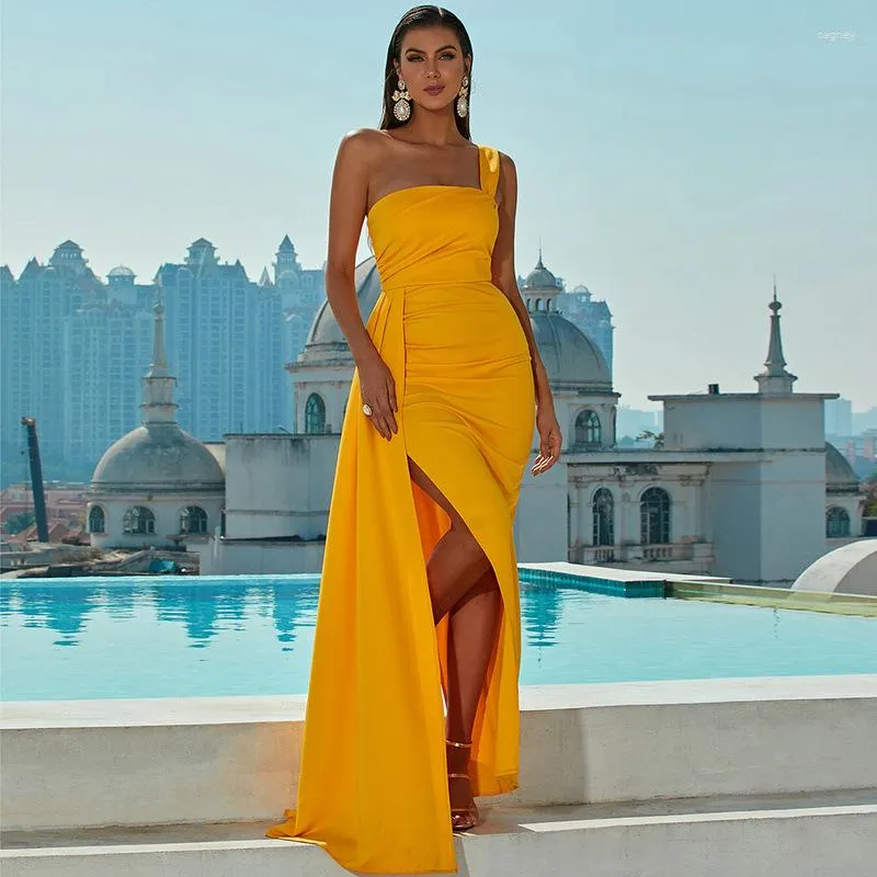 Party Dresses One Shoulder Wrap Hem Satin Dress Evening Women Sleeveless Floor Lenght Bodycon Backless Maxi Prom Yellow