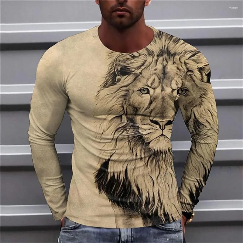 남성용 T 셔츠 빈티지 동물 사자 긴 소매 2023 오버 사이즈 3D 프린트 레트로 티셔츠 거리 패션 슬리브 캐주얼 브레이크 가능한 남성 의류