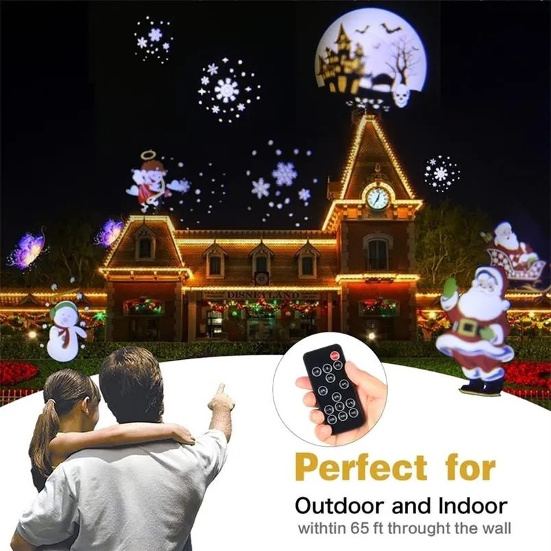 Эффект анимации рождественского лазерного проектора IP65 Indoor Outdoor Halloween Proctor 12 Patterns Snowflake Snowman Stage Light # Y20305E