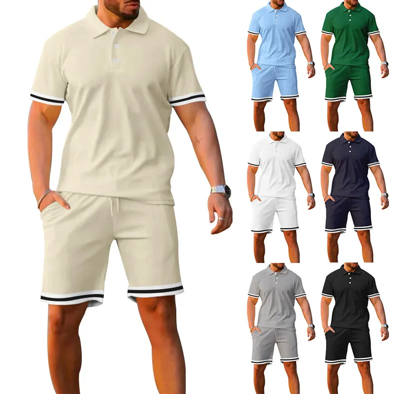 Été européen américain hommes survêtements col polo manches courtes Shorts deux pièces sport décontracté hommes ensemble