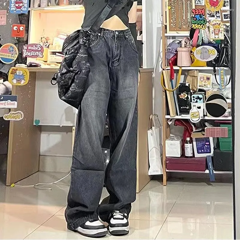Женские джинсы Женщины винтажная уличная одежда черная мешковатая корейская высокая таблица негабаритная брюки с широкими штанами грант джинсовые брюки.