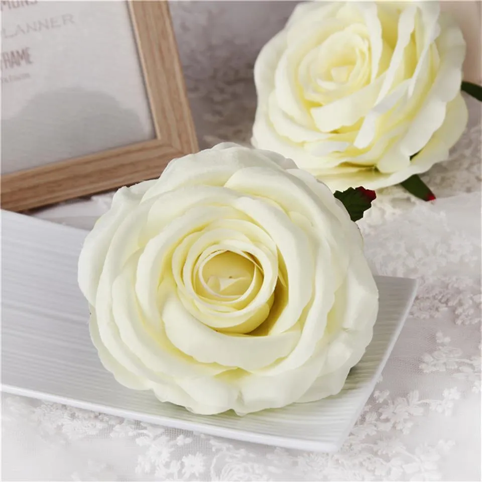 20st 9cm konstgjorda rosblommorhuvuden Silk Dekorativ blomma Party Decoration Wedding Wall Flower Bouquet White Artificial Roses 274W