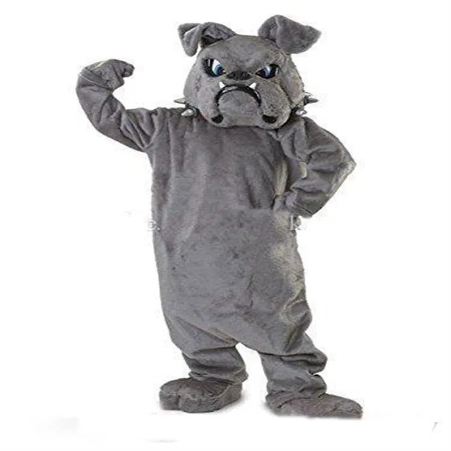 2019 Factory New Cool Bulldog Mascot Costume Grey School Animal Team Cheerleading Komplett outfit vuxen storlek225T