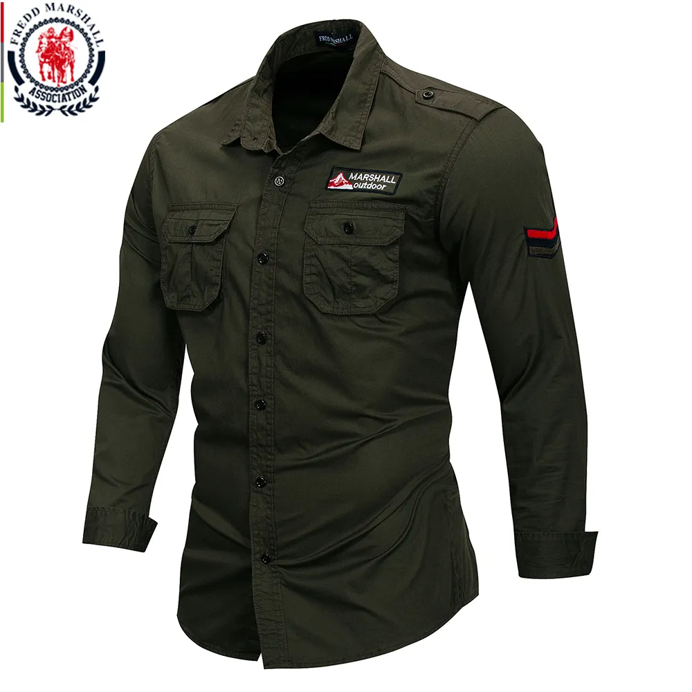 Magliette da uomo Fredd Marshall Camicia militare in cotone 100 da uomo Manica lunga Abito casual Camicie da lavoro cargo maschili con ricamo 115 230715