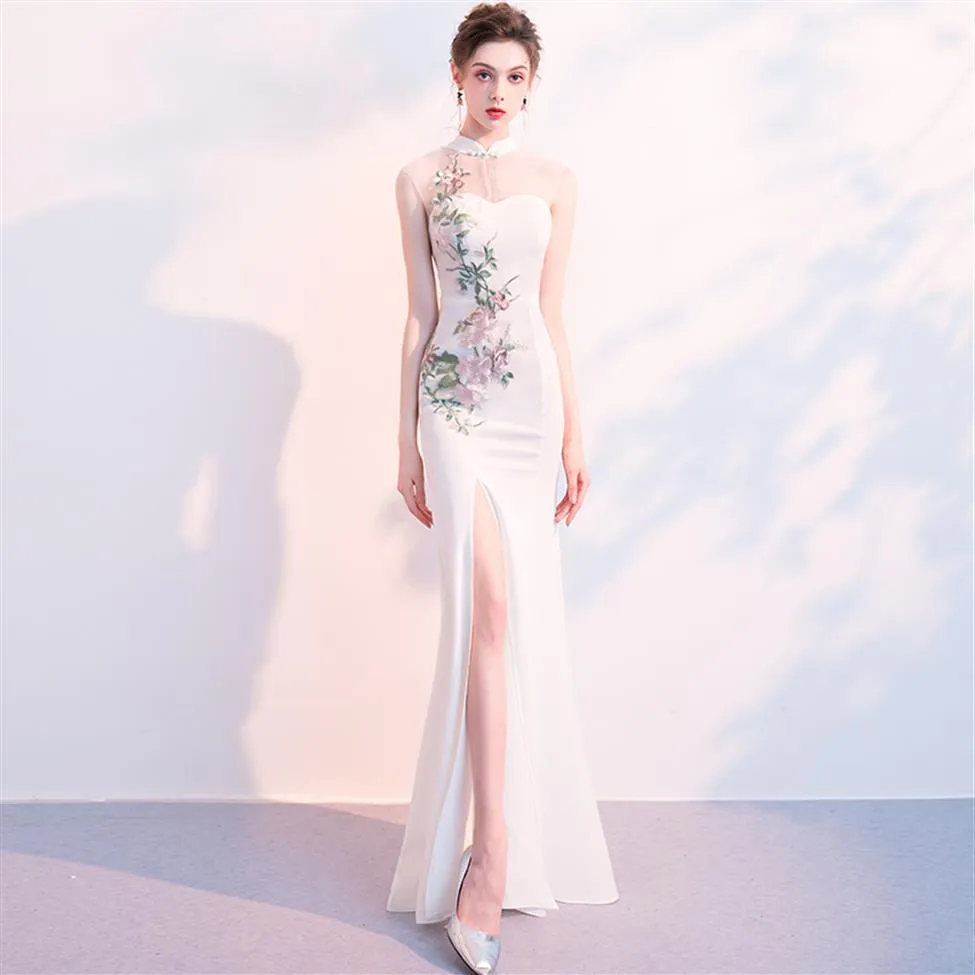 Ethnic Clothing Chinese Style Women Embroidery Flower Mermaid Dress Slim Sexy High Split Evening Party Cheongsam White Bridesmaid 188T