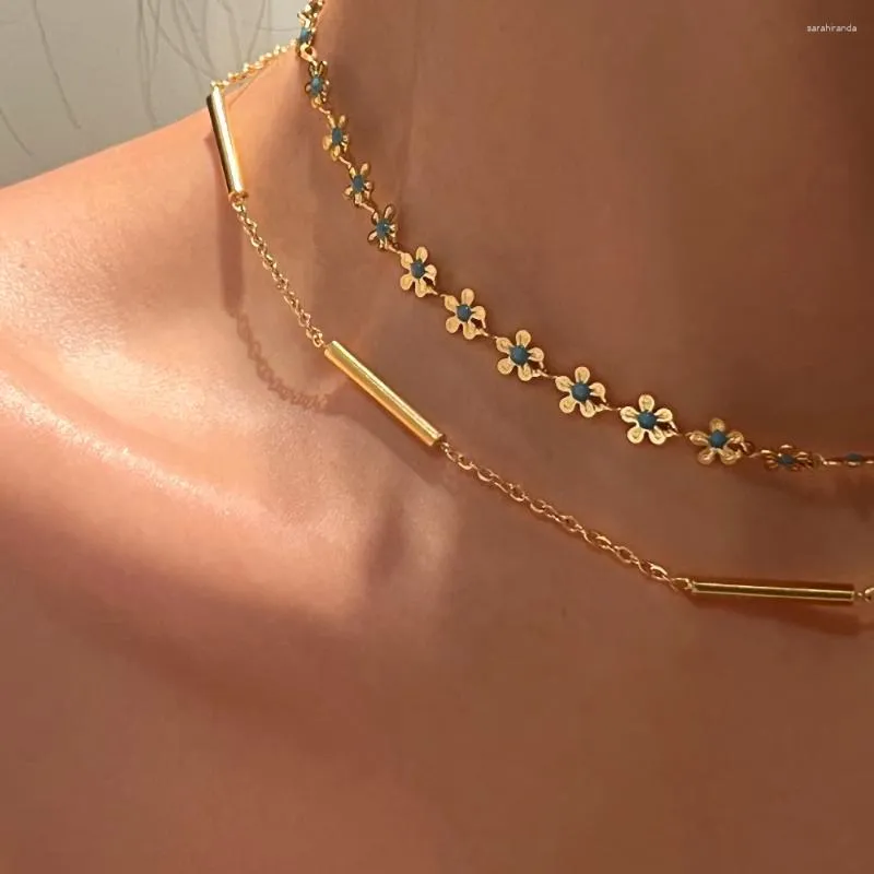 Tour de cou mode Vintage en acier inoxydable plaqué 18 or véritable goutte colle bleu petite fleur collier pour femmes chaînes bijoux de plage