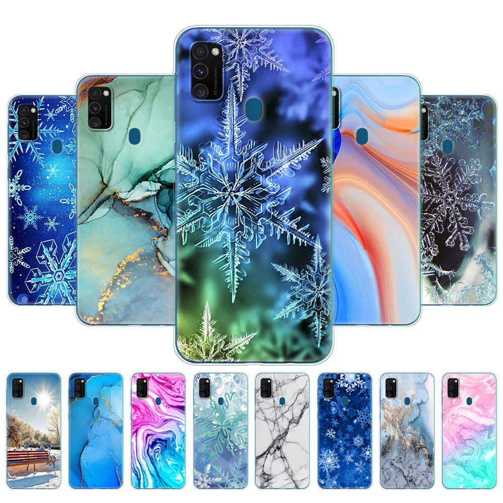 Per Samsung Galaxy M30s Custodia in silicone morbido TPU Cover posteriore per telefono per SM-M307 Coque Marble Snow Flake Winter Christmas