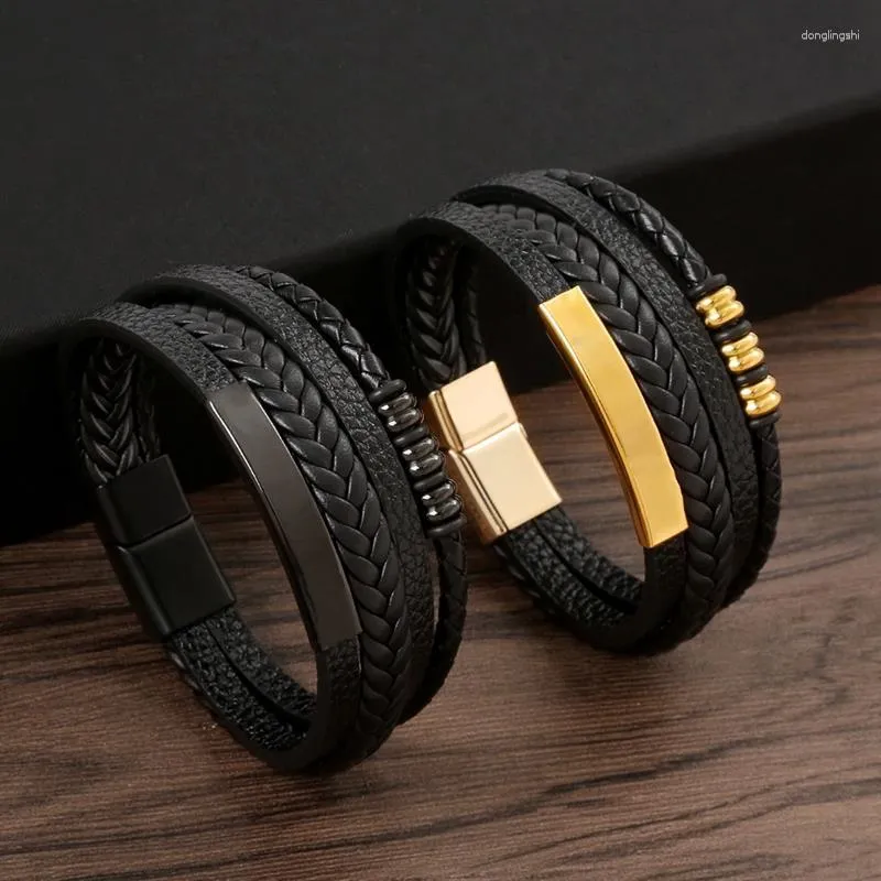 Charm Bracelets 19/21/23cm Leather Bracelet Men Alloy Magnet Buckle Classic Fashion Braided Rope Multi-layer Man Jewelry Gift