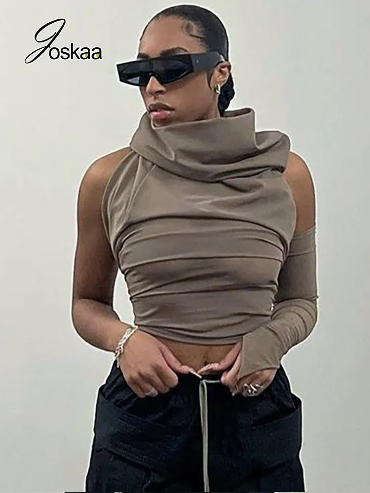 Suits Jokaa Brown Single Sleeve Off Shoulder Top Casual Slim Crop Tops Fashion T Shirt For Women Clothing Winter 2021 Sexig Streetwear