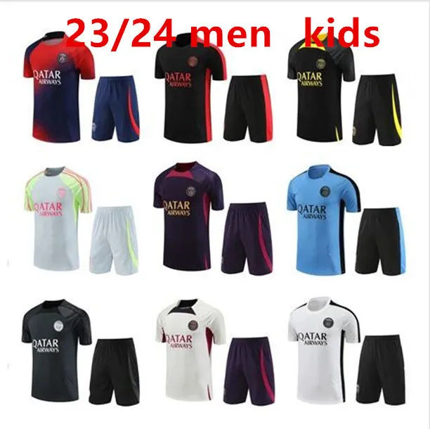 PSGS 23 24 스포츠 짧은 슬리브 파리 스포츠웨어 훈련 단편 소매 세트 축구 셔츠 세트 유니폼 샹들 성인 스웨터 스웨터 세트 남자 티셔츠 키즈 16/2XL