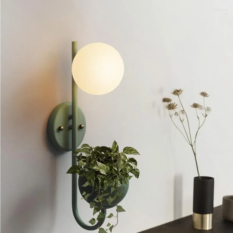 Wall Lamp Modern Simple Nordic Creative Living Room Study Balcony Bedroom Cozy Bedside Macaron Round Ball Plant