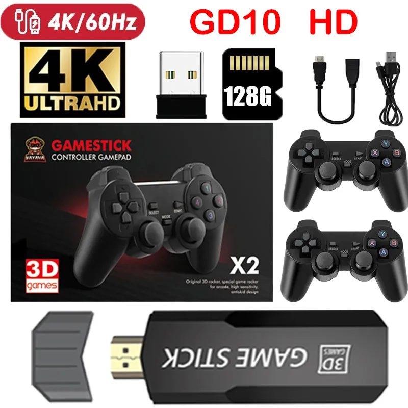 Joueurs de jeux portables Console de jeux vidéo 4K 40000 jeux 128 Go Jeux rétro Game Stick pour PS1/GBA Boy Cadeau de Noël 2.4G Double contrôleur sans fil 230715