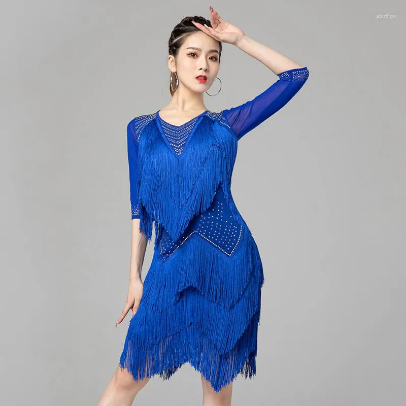 Stage Wear Latin Dance Dress Women Cha Competition Adult Rumba Samba Costume Blue Fringe Practice Clothing DNV16281