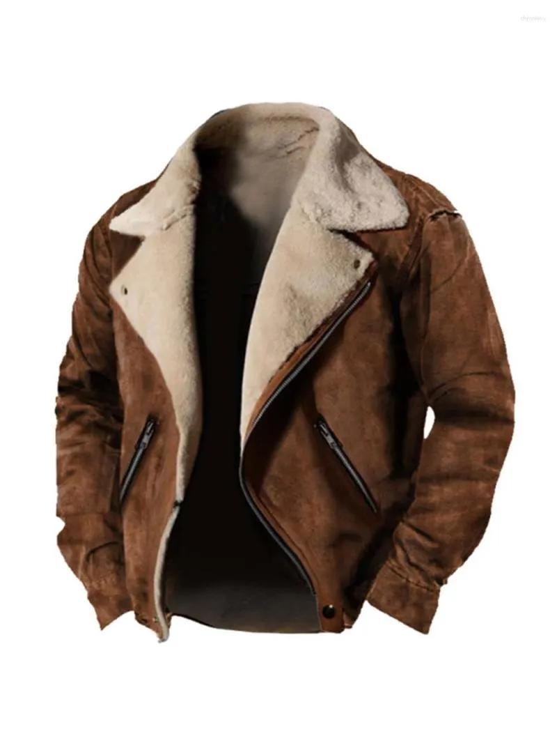 Men's Jackets Autumn Winter Coat Men Jacket Vintage Solid Turn-down Collar Outdoor Training Suede Zip Pocket Lamb Fleece Warm