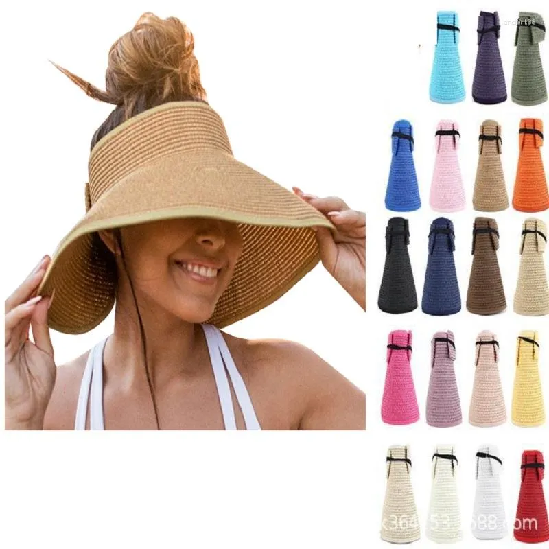 Szerokie brzegowe czapki damskie UPF 50 Roll-Up Słomka słomiana czapka czapka na plażę Składany pusty top dla dziewcząt panie