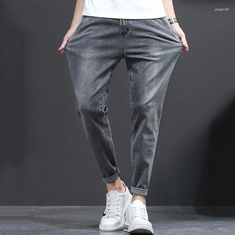Jeans masculinos soltos simples denim engorda elástico tamanho grande calças de uso diário de cor clara