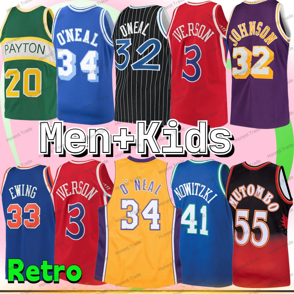 Shaq ONeal Enfants Larry Bird Jersey Basketball Allen Iverson Rétro Abdul Jabbar Grant Hill Gary Payton Patrick Ewing Mutombo Deuil Dirk Thomas Hommes Garçons Cousus