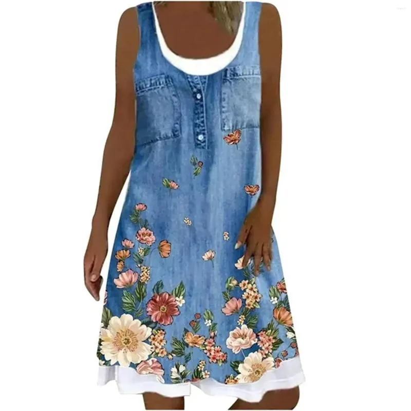 Freizeitkleider Damen-Sommerkleid mit Rundhalsausschnitt, bedruckt, zweiteilig, ärmellos, locker fließendes Midi-Sommerkleid