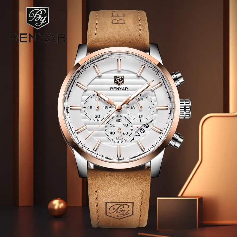 Benyar Design 2022 Nouveau Top Fashion Sport Quartz Watches Mentifonctionnelles Multi-Fonctional Imperproof Premium Leather Calendar Watch Relogio