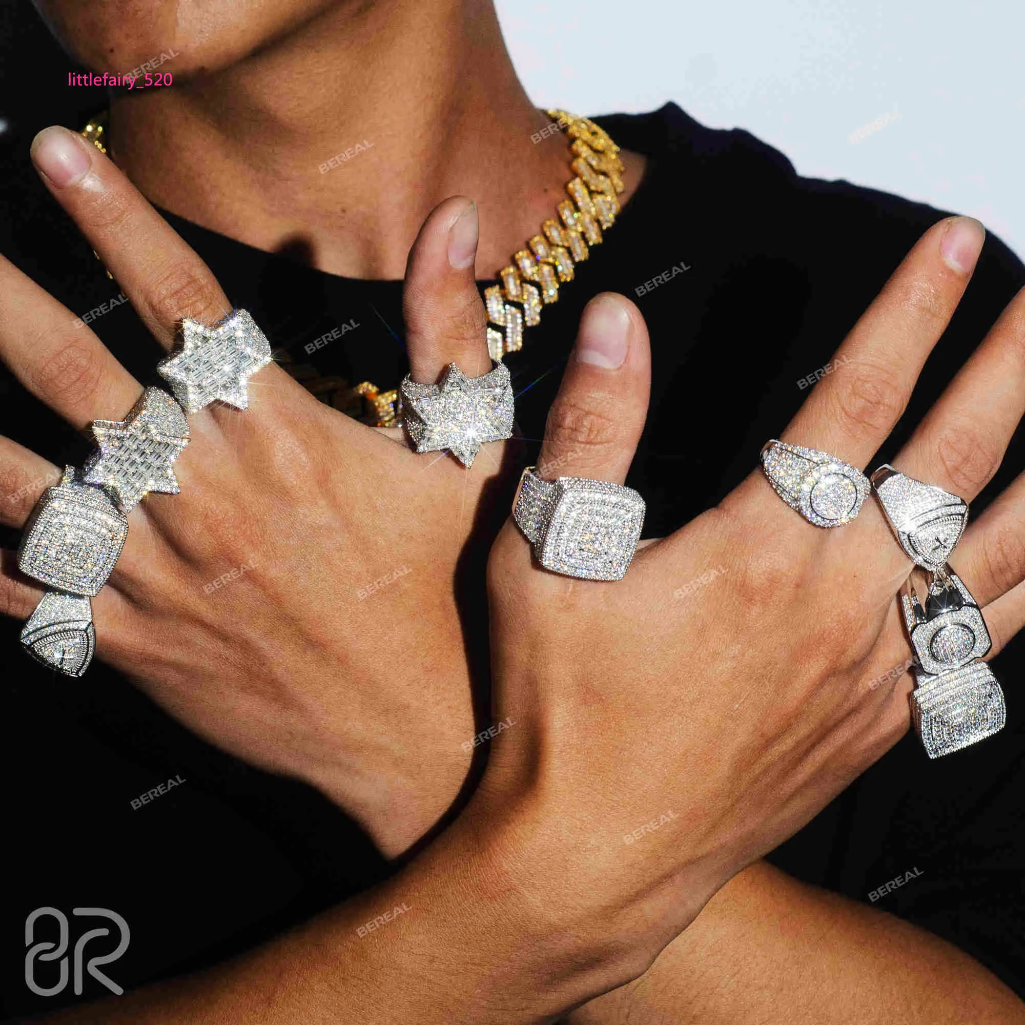 Bagues De Bande En Gros VVS Moissanite Diamant Hip Hop Bague Étoile À Six Branches Coupe Baguette 925 Argent Hip Hop Bijoux Bagues De Championnat Personnalisées