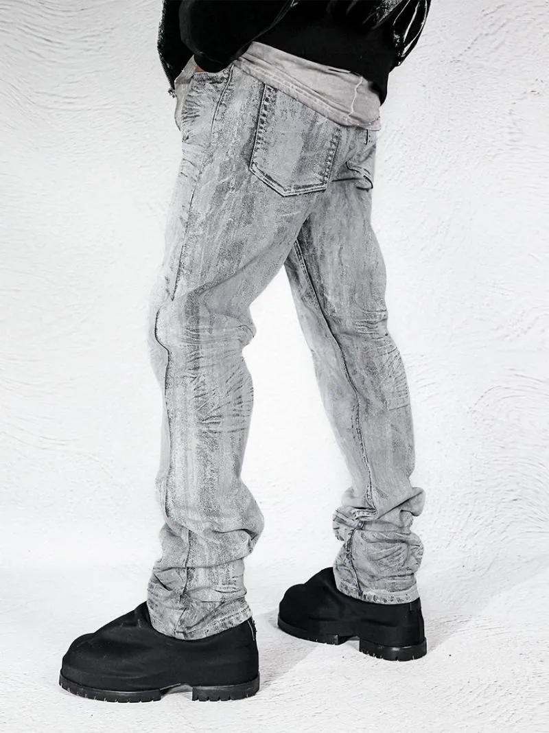 Jeans pour hommes Splash-Ink Gris Blanc Do The Old Cowboy Pantalon Heavy Duty Washed Stretch Américain Rétro Salopette Mode Punk