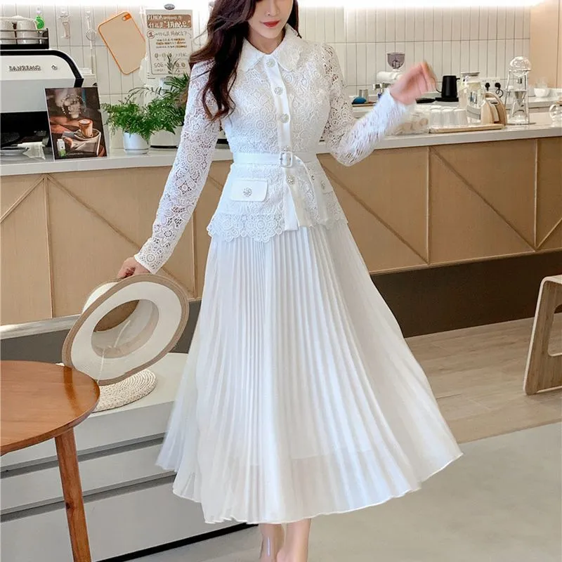 chinese dress ladies Silk-Blend Macramé Lace Pleated Midi Dress main image 1