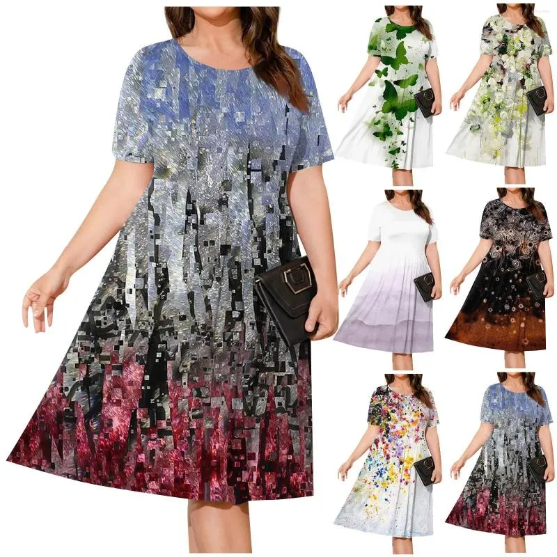 Lässige Kleider Damen Plus Size Sommerkleid Kurzarm Paletead Taille Loose Fit Swing T-Shirt mit Taschen Vestido feminino