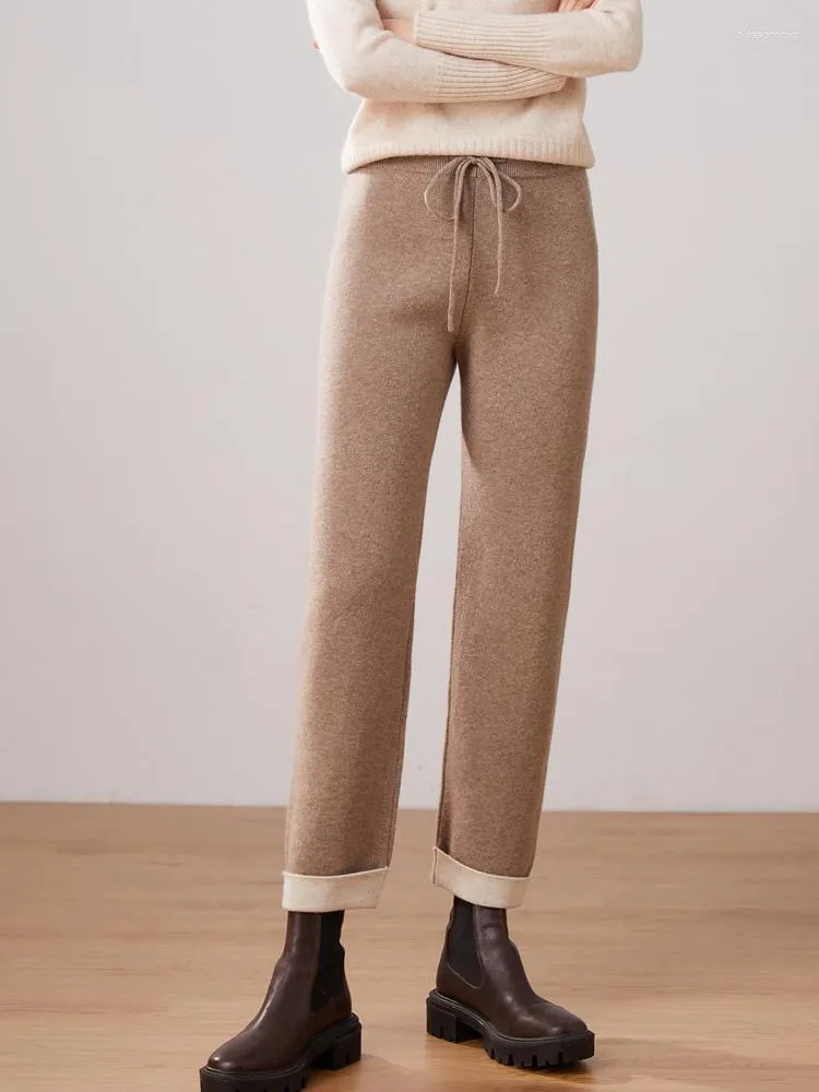 Calça feminina caxemira perna larga 22 pura lã capri macio e elegante marca ATTYYWS malha sólida