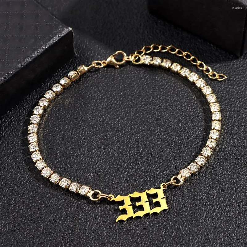 Anklets kvinnor män 111 till 999 nummer rostfritt stål ankel guld silver färg kristall tenniskedja ankel armband mode hip hop smycken